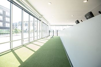 A long hallway with a green carpet and large windows.